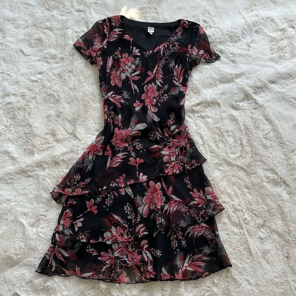 Vintage sangria size 6 pink and black vintage style layered ruffled midi dress🐚🌸